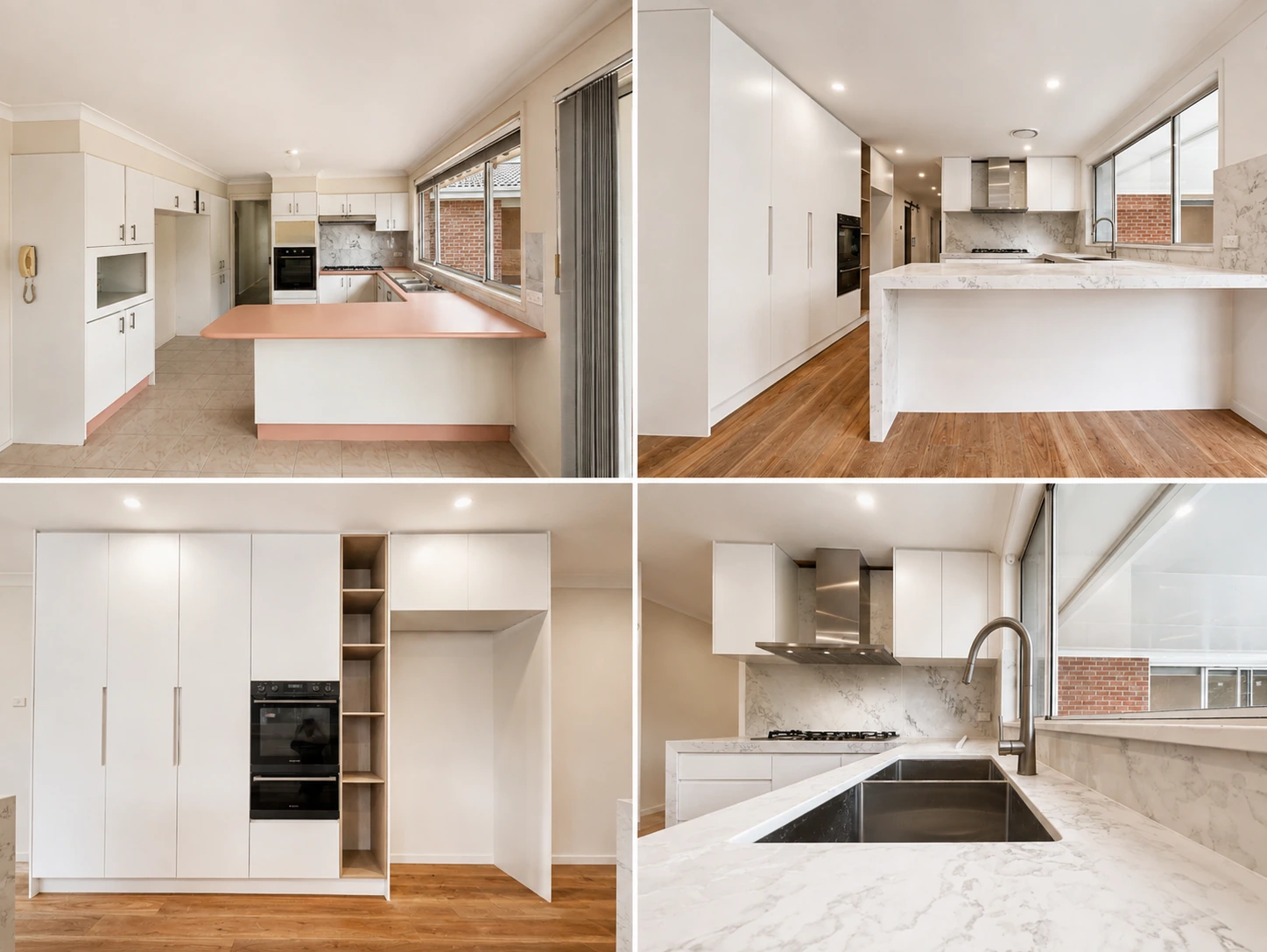 Castle Hill kitchen before and after — the dated white-and-salmon laminate kitchen replaced with floor-to-ceiling white joinery with slim bar pulls, a black wall oven, an oak open-shelf column and a marble-look stone peninsula over timber floors