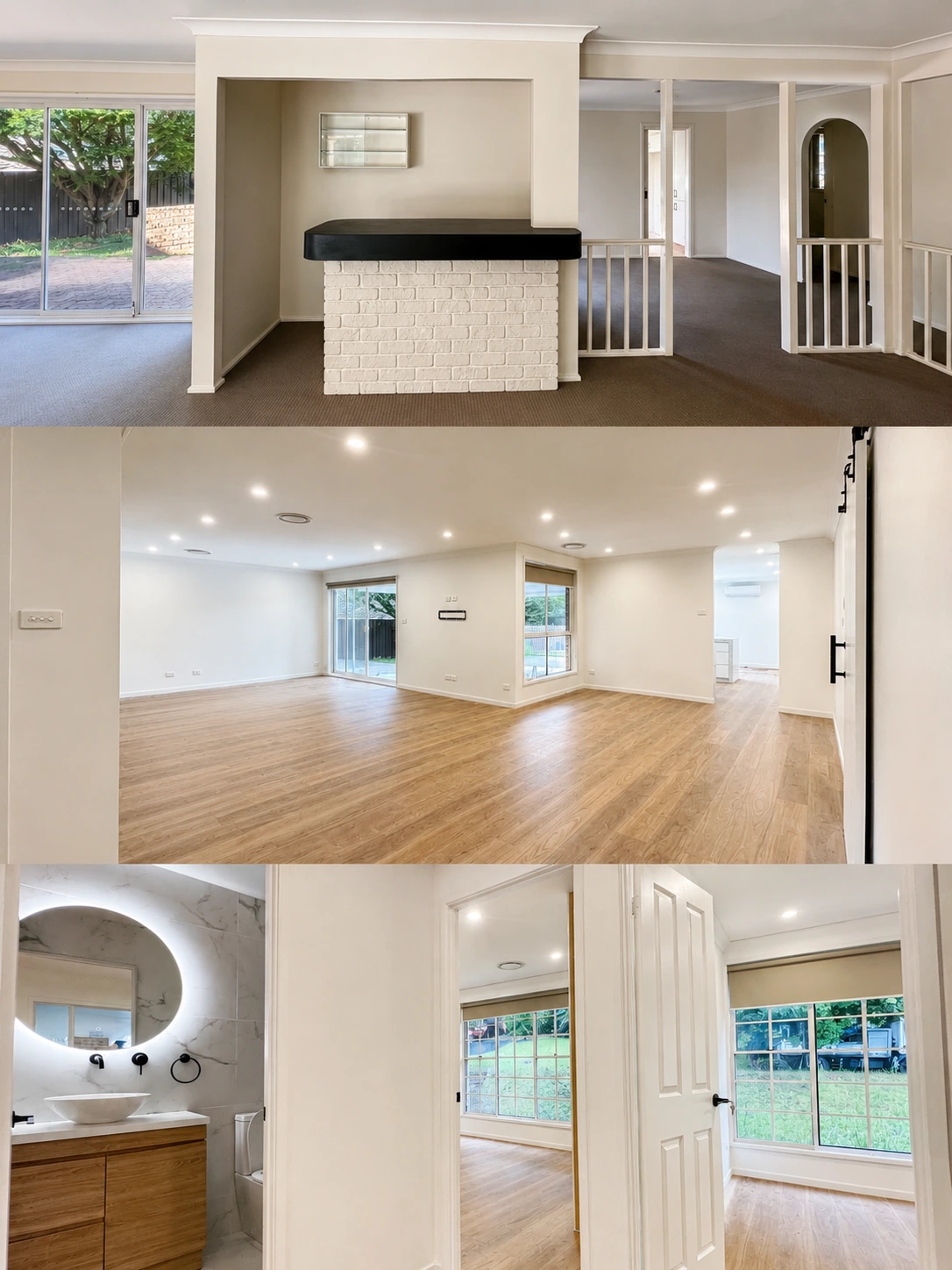 Castle Hill living areas before and after — the brown carpet and painted white-brick bar removed to make one open living space with timber floors, plus a new powder room with a backlit round mirror and timber vanity, and two repainted bedrooms