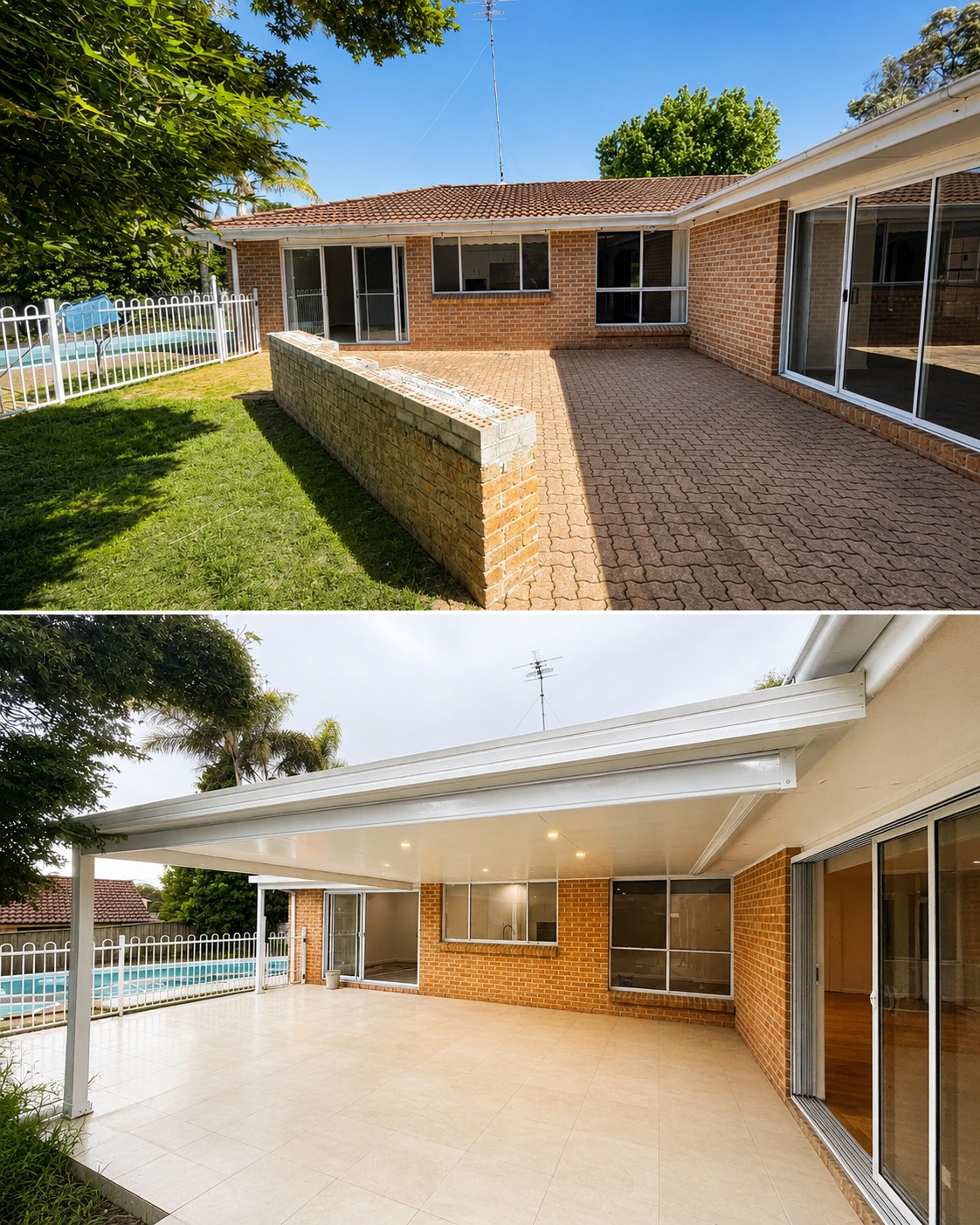 Castle Hill outdoor area before and after — the old paved patio and brick planter replaced with a roofed alfresco with downlights and a tiled floor running beside the pool