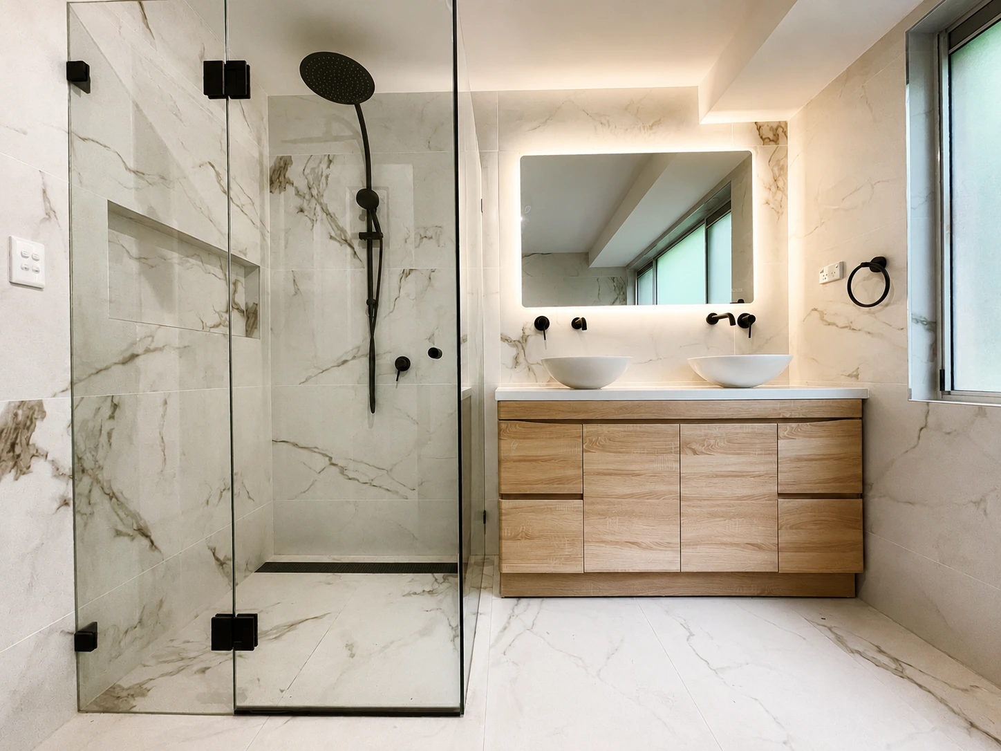 Whole-home renovation in Castle Hill — rebuilt main bathroom with marble-look porcelain walls, a frameless glass shower, a backlit mirror and a timber double vanity with twin vessel basins and black tapware