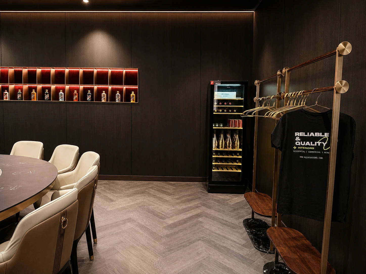 Silverwater home bar and tasting room — dark timber joinery with illuminated liquor display niches and a brass rail