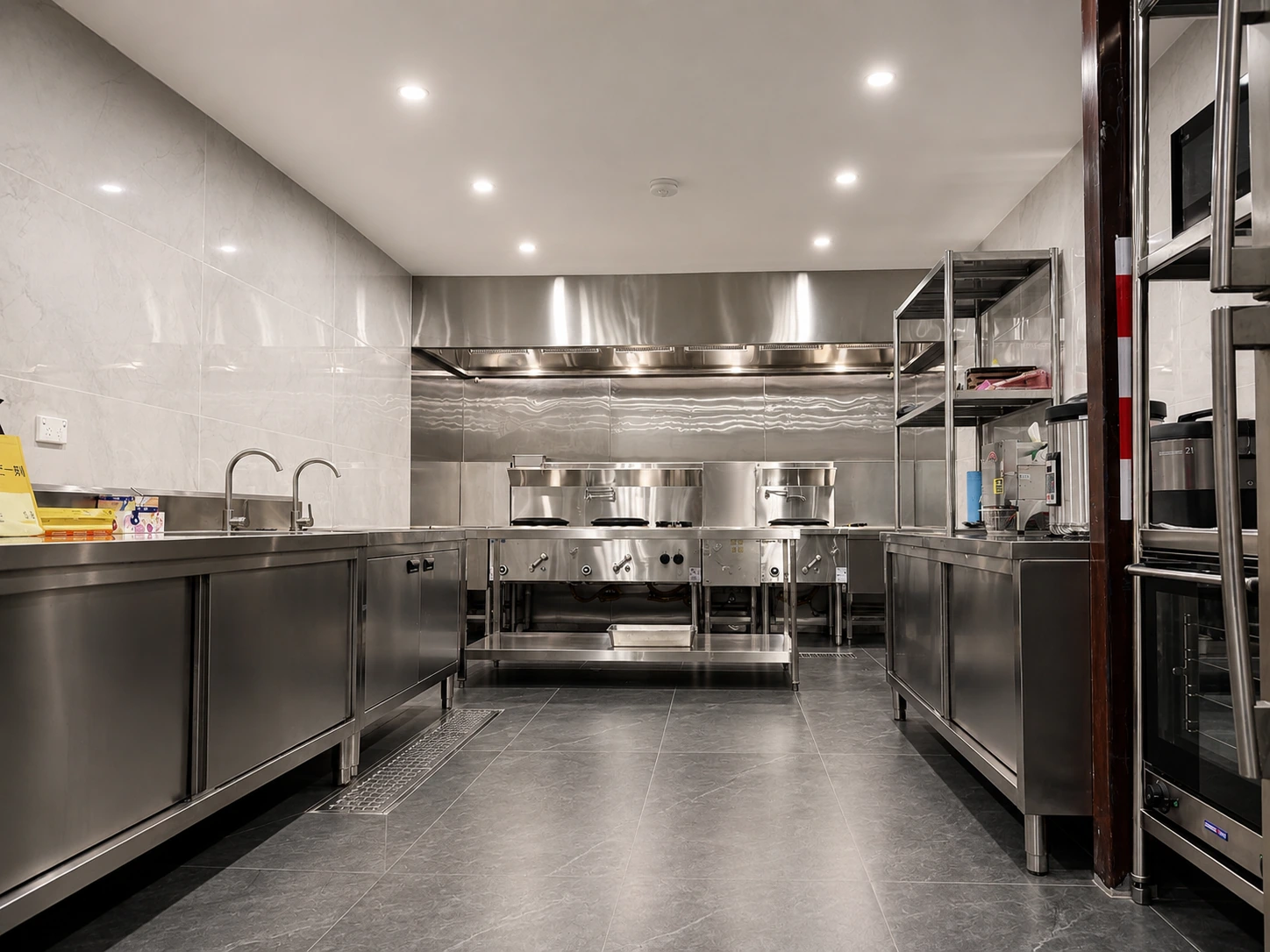 Commercial-grade stainless steel prep kitchen in a Silverwater home, with twin wok burners and stainless benches
