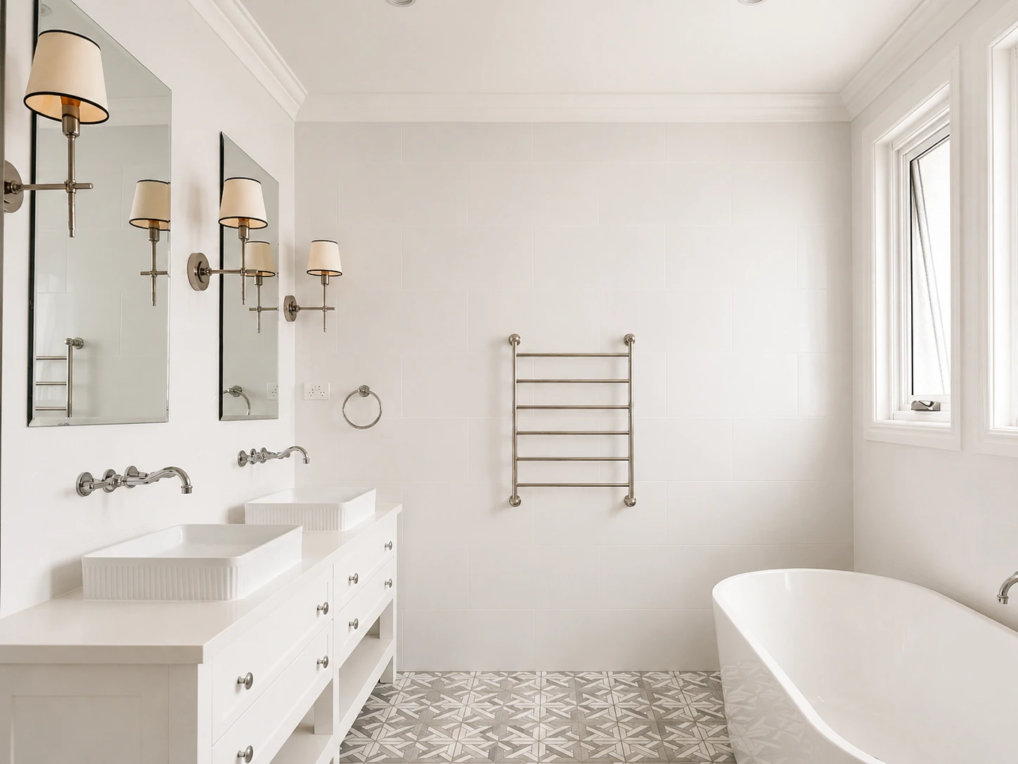 Willoughby ensuite — twin vessel basins, wall sconces, a heated towel rail and a freestanding bath
