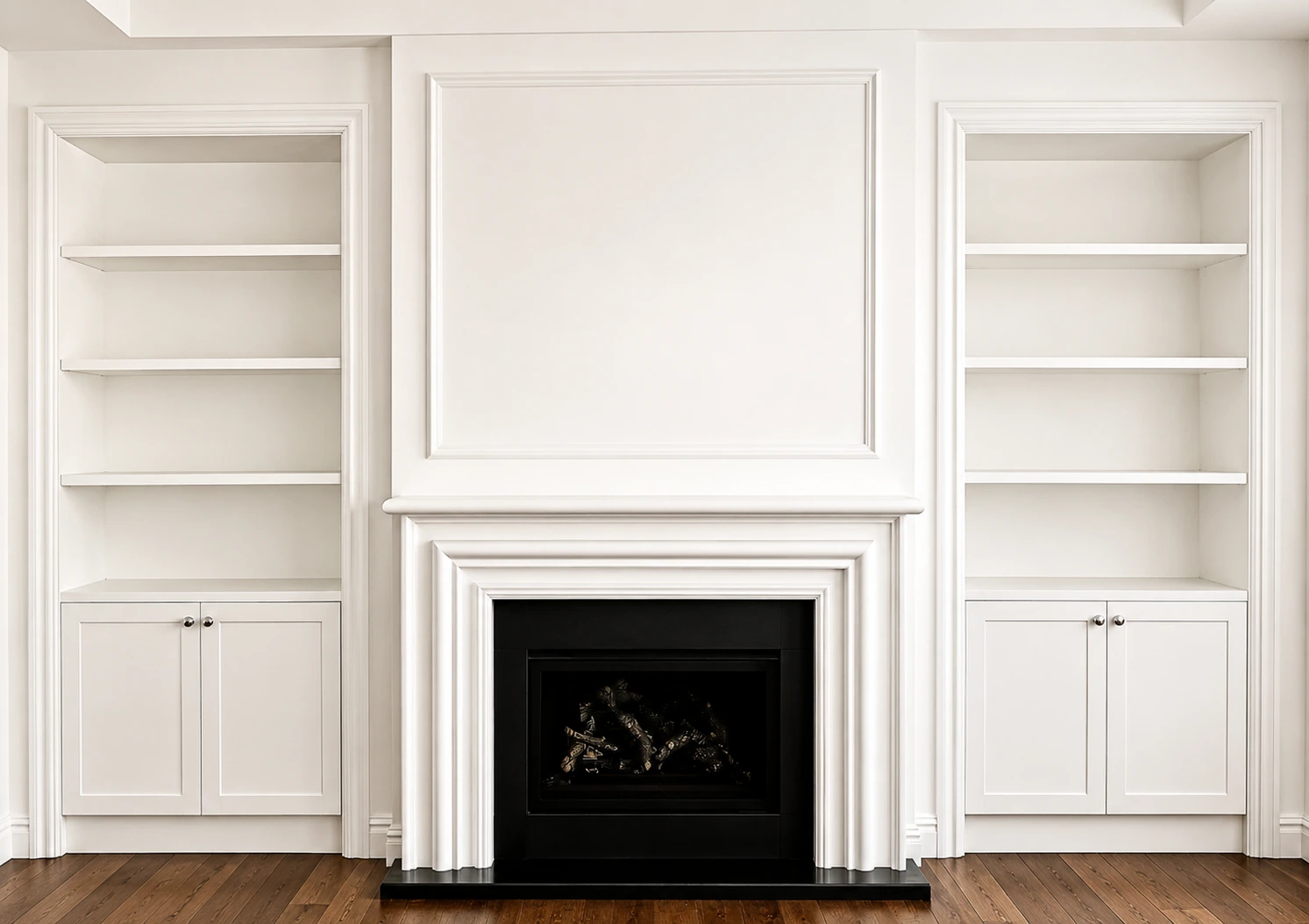 Willoughby living room — a white joinery fireplace with cast mantel flanked by built-in shelving